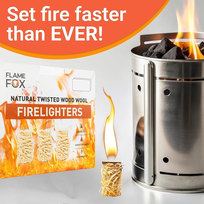 FlameFox Natural Wood Wool Fire Starters – 50 Pack | Eco-Friendly, Odorless, Long-Burning Tumbleweeds for BBQ, Fireplace, Campfire & Wood Stove