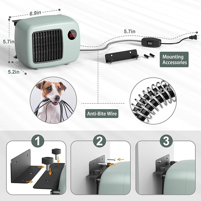 Dog House Heater for Outdoor & Indoor Use - 600W/300W Safe & Efficient Heating for Pet Houses, Chicken Coops, Rabbit Hutches - Wall-Mounted Design with Overheat Protection & Anti-Chew Cord (grey)