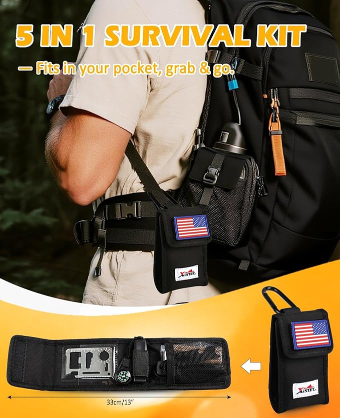 5 in 1 Ferro Rod Fire Starter Kit, Survival Gear Tool with Flint and Steel, Emergency Whistle, Credit Card Multitool, Compass & Waterproof Tinder for Outdoor, Emergency, Camping, Hiking, Gifts for Men