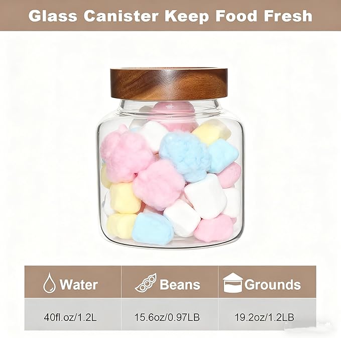 Glass Coffee Jars Spice Jar Round Storage Canister with Wooden Lid Clear Glass Food Jar for Pantry Sugar Tea Coffee Bean Spice Nuts Cookies Bath Salts (1200ml/40oz-1 Pack)