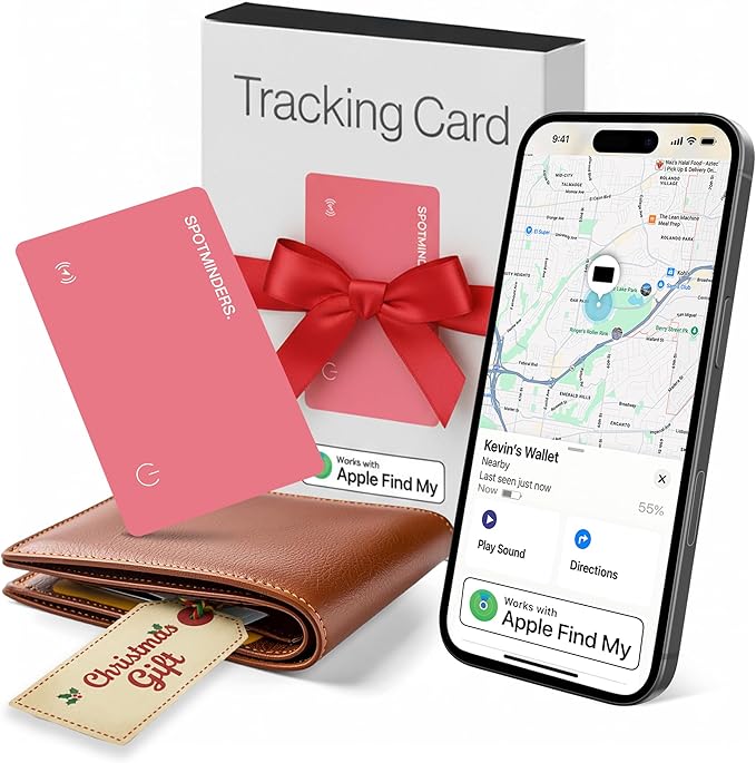 SPOTMINDERS Apple MFi Certified Wallet Tracker for Christmas Stocking Stuffers for Teen Girls Gifts for Women Works With Apple Find My Rechargeable Slim Tracking Card - White Elephant Gifts for Adults