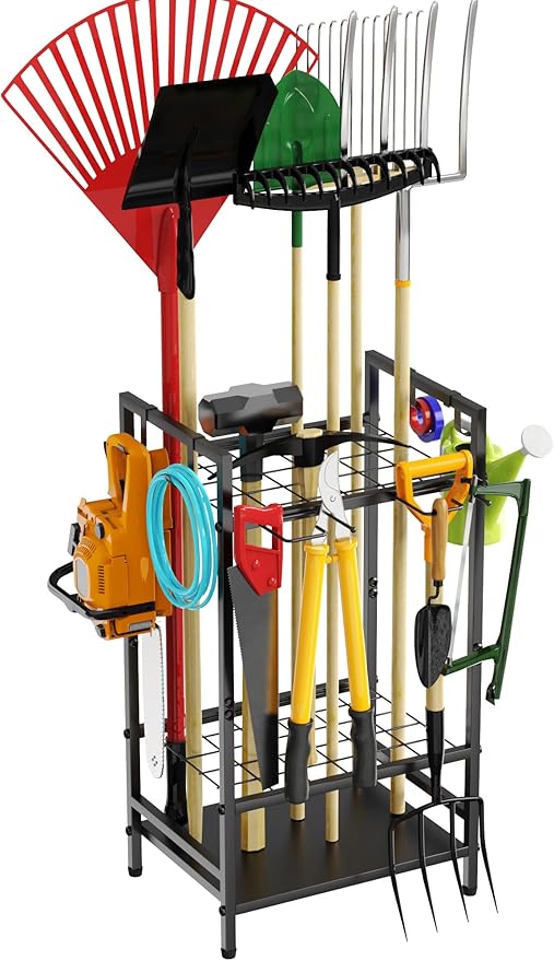 Garden Tool Organizer for Garage, Yard Tool Rack, Holds Up to 36 Long-Handled Tools, Black Metal Garden Tools Rack Storage with Hooks for Yard Shed Garage Organization