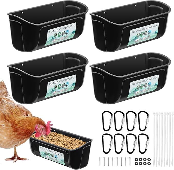 4 Pack Chicken Duck Feeder, Poultry Feeders and Waterers, Hanging Goat Feeder, Livestock Feeding Container, Feed Trough and Waterer Bucket with Clips(Black)