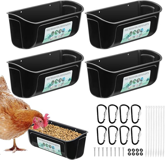 4 Pack Chicken Duck Feeder, Poultry Feeders and Waterers, Hanging Goat Feeder, Livestock Feeding Container, Feed Trough and Waterer Bucket with Clips(Black)