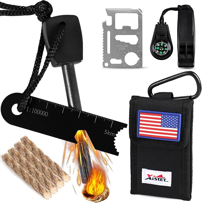 5 in 1 Ferro Rod Fire Starter Kit, Survival Gear Tool with Flint and Steel, Emergency Whistle, Credit Card Multitool, Compass & Waterproof Tinder for Outdoor, Emergency, Camping, Hiking, Gifts for Men