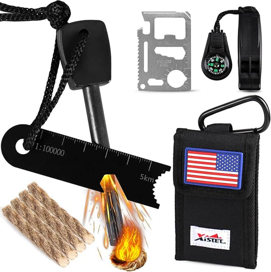 5 in 1 Ferro Rod Fire Starter Kit, Survival Gear Tool with Flint and Steel, Emergency Whistle, Credit Card Multitool, Compass & Waterproof Tinder for Outdoor, Emergency, Camping, Hiking, Gifts for Men