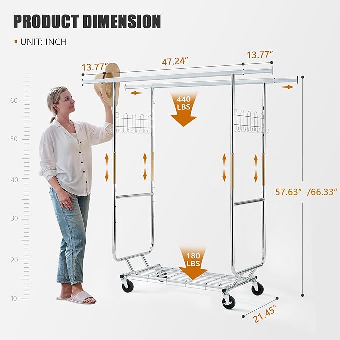 Heavy Duty Clothes Rack Load 620 Lbs, Double Rod Rolling Clothing Rack With Sturdy Wheel And Shelves，Adjustable Portable Hanging Rack For Clothes,Silver Stainless Steel