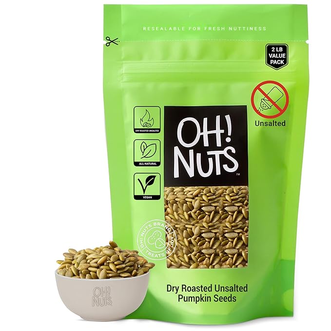 Oh! Nuts Pumpkin Seeds - Dry Roasted Unsalted - 2 lb - All-Natural Protein Power Unshelled Pepitas - Packed in New York Zip-Seal Bag for Exceptional Freshness