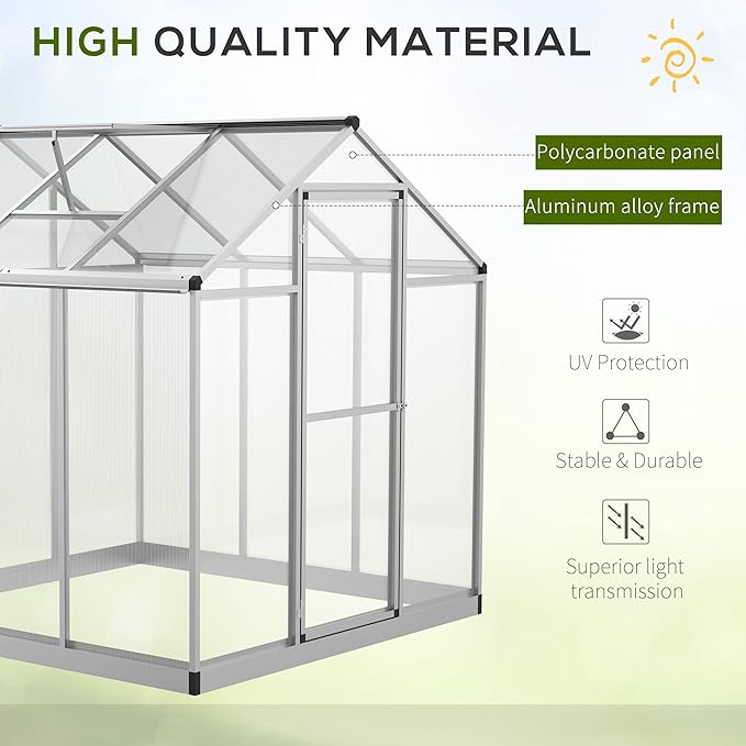 Outsunny 6' x 6' Greenhouse for Outdoors, Polycarbonate Greenhouse with Rain Gutter and Roof Vent, Aluminum Walk-in Green Houses for Outside Patio Backyard Garden