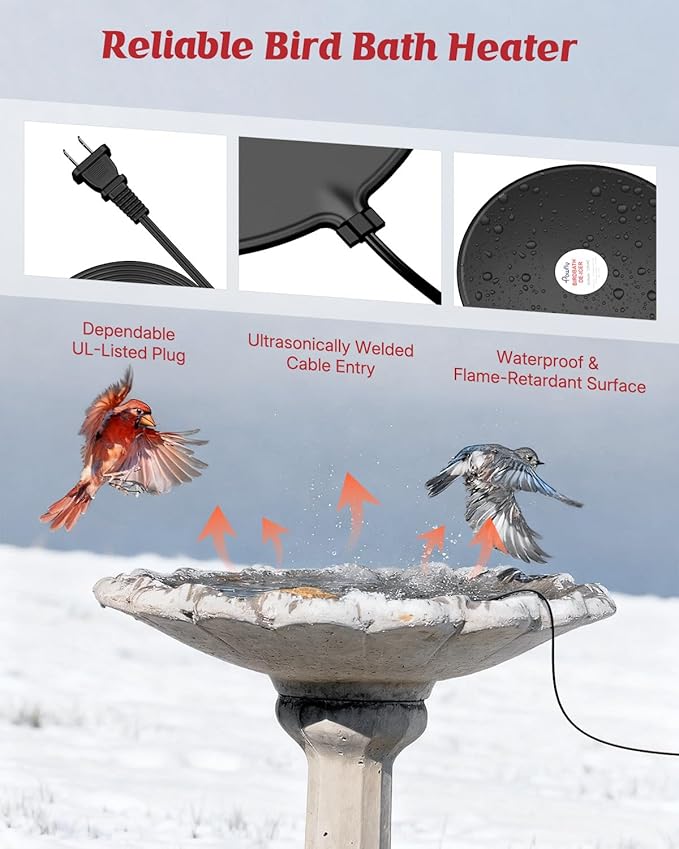 Pawfly 60 W Bird Bath Heater with Thermostat, 9.5 Inch Bird Bath De-Icer, Submersible Birdbath Deicer, Chicken Water Heater for Outdoors in Winter, Winter Water Heater for Wildlife Livestock Poultry
