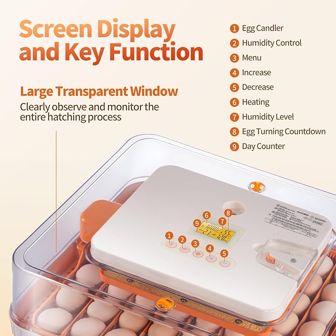 56 Egg Incubators for Hatching Eggs, Automatic Egg Turning and Humidity Temperature Control, Egg Candler, 360° Viewing Incubator for Hatching Chicken, Ducks, Goose, Quail