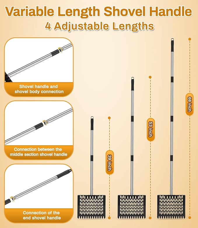 Chicken Poop Scooper for Sand,Coop Scoop 3 IN 1 Rake Function【Fine Sieve Holes】【Adjustable Stainless handle 24 to 68"】Metal Cat Litter Scoop, No Hole Shovel Side Scooper Chicken Poop Scooper for Sand