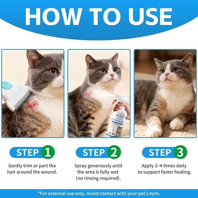 Cat Wound Care Spray - Promotes Wound Healing and Repairs cuts, sores, hot Spots and Irritated Skin - Hypochlorous Acid Formula relieves itching and Irritation, Safe for Licking - 10.14 fl oz