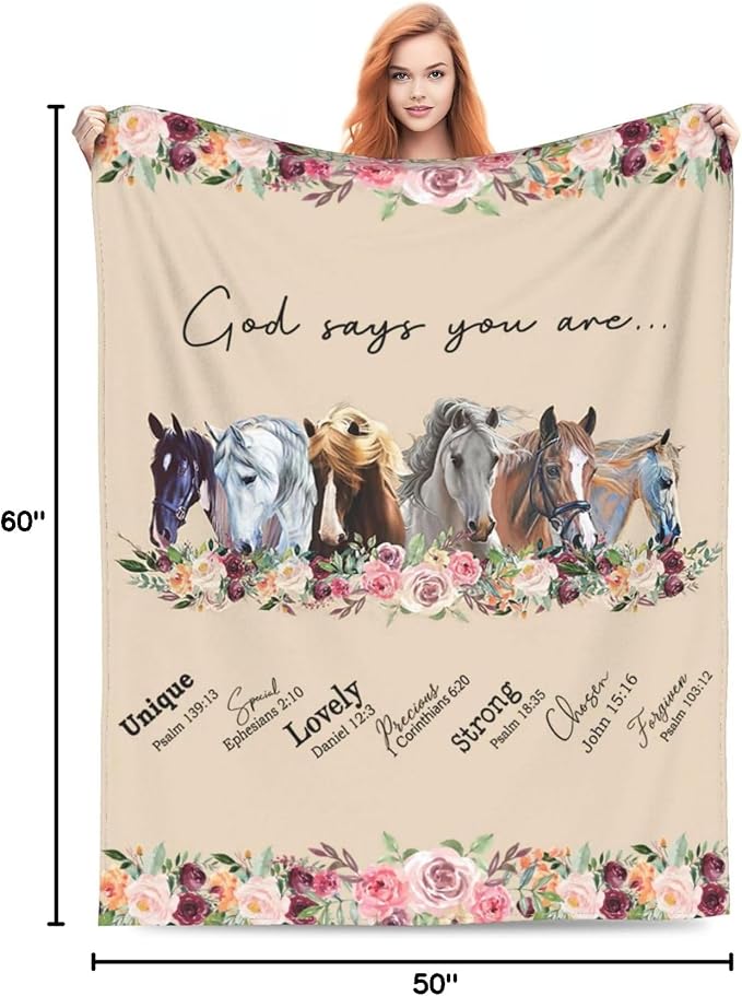 God Says You Are Horse Decor Throw Blanket - Super Warm Soft Plush Lightweight Fleece Flannel Bible Verse Blanket for Women, Girls, Boys, Men, Kids - Winter Couch Bedding - 50"X60"