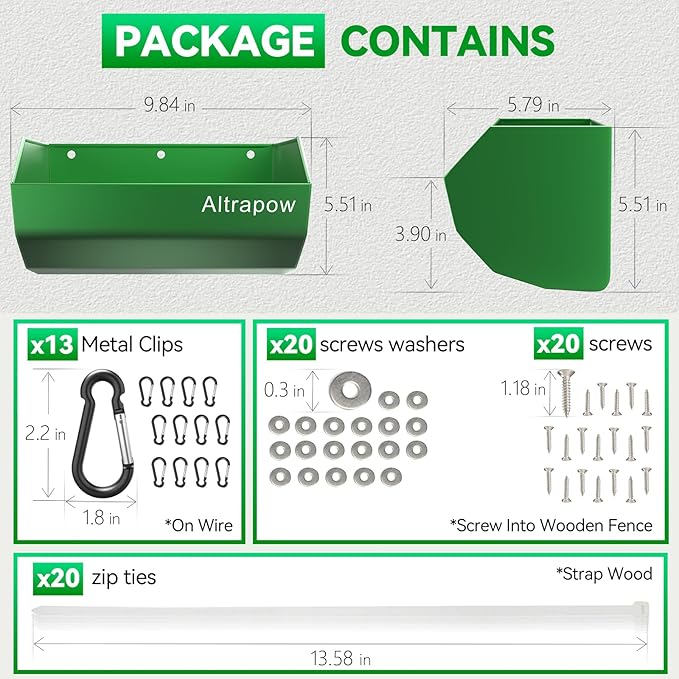 4.5 Quart Hanging Goat Feeder [Material of Metal] with Clips and Nylon Tie Wraps, Fence Feeder [Sturdy and Durable] for Goat, Pig and Dog, Green, 4 Pack