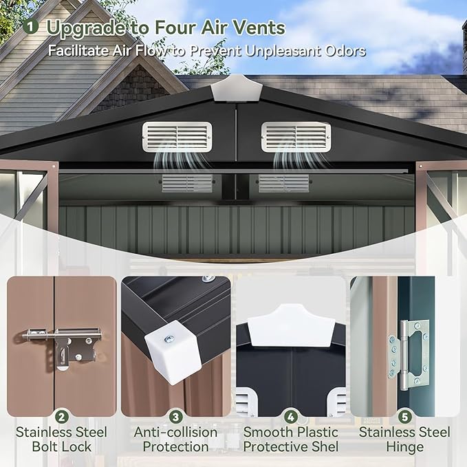 Aoxun 6.2x4 FT Shed with Solar Light Outdoor Storage Shed with Lockable Doors & Slooping Roof Metal Garden Tool Shed for Backyard, Patio, Poolside (Brown)
