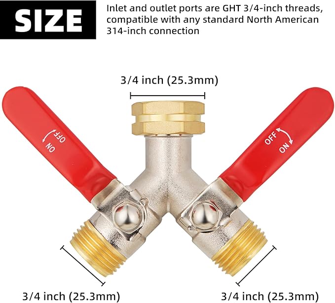 Hose Splitter 2 Way, High Flow Garden Hose Splitter, 3/4” Ght Inlet Brass Heavy Duty Hose Converter, Full Flow water 2 Way Faucet hose splitter, Long Handle Hose Valve Large Outlet.
