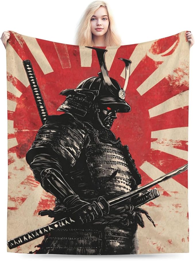 Japanese Samurai Throw Blanket Asian Warrior Flannel Blankets Japan Bushido Fuzzy Plush Super Soft Cozy Warm Decor Gifts for Boys Girls Kids Adults Men Women 40" x 50"