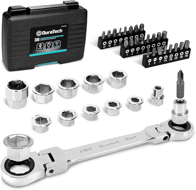 DURATECH 12-in-1 Flex-Head Ratcheting Wrench Set & 24-in-1 Screwdriver Set, Double Box End Wrench 8-19mm, 1/4" Drive Adapter with 24PCS Driver Bits, CR-V Steel, with Tool Box