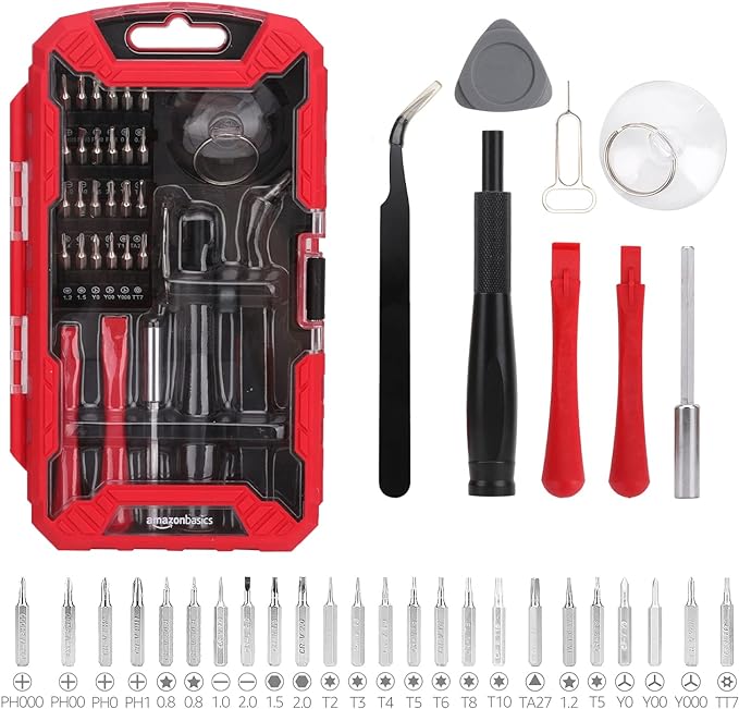 Amazon Basics Electronics Screwdriver Set, 32-Piece Tool Kit for Repair and Maintenance, Red