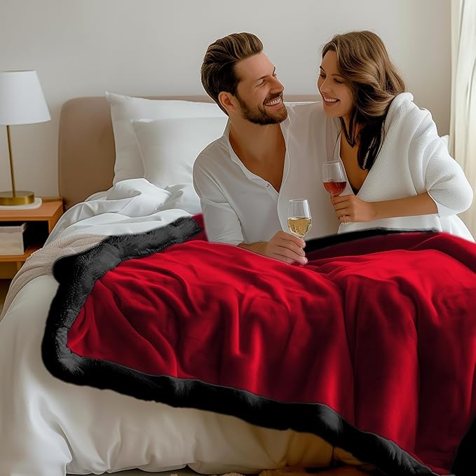 Waterproof Blanket Double Size - Sherpa Fleece Reversible Throw, Soft Warm Leak-Proof Bed & Couch Protector for Kids, Pets & Everyday Spills(Velvet Red/Obsidian Black, 85x90)
