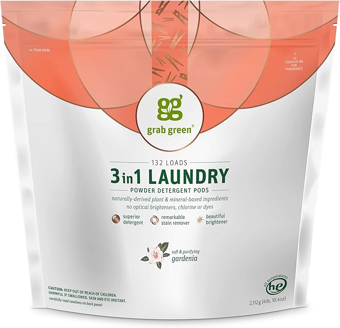 Grab Green 3-in-1 Laundry Detergent Pods, 132 Count, Gardenia Scent, Plant and Mineral Based, Superior Cleaning Power, Stain Remover, Brightens Clothes