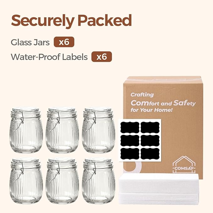 ComSaf Airtight Glass jar with lid 25oz Set of 6, Glass Storage Containers with Lids, Glass Canister, Mason Jars, Striped Clip Fastening Jar for Kitchen Canning, Oat, Coffee, Pasta, Snack, Nut, Candy