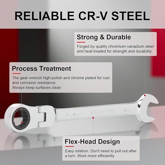 Jetech 16mm Flexible Head Gear Wrench, Industrial Grade Ratcheting Combination Spanner, Forged, Heat-Treated Cr-V Alloy Steel, Full Polished 12 Point,Metric