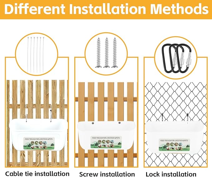 6 Pack Goat Feeder Hanging Chicken Waterer Feeder Trough, Fence Feeders with Clips for Poultry Livestock, White