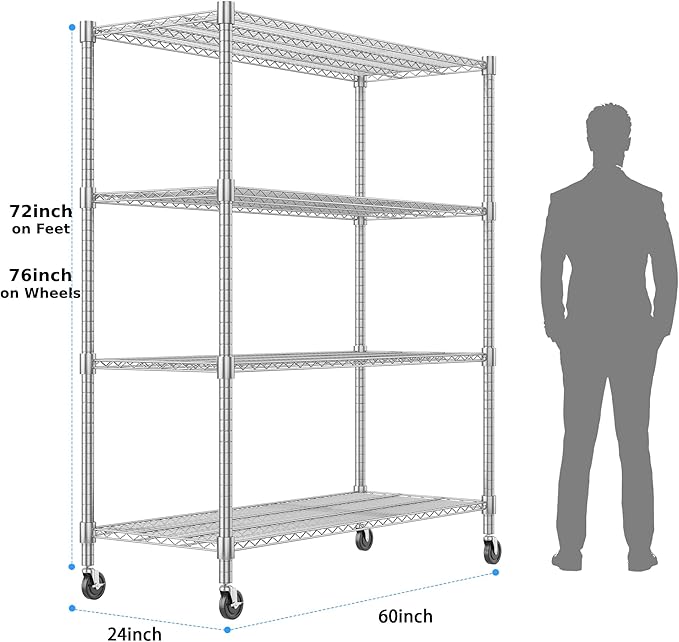 Homdox 4-Tier Heavy Duty Metal Shelves with Wheels - 2400LBS Commercial Adjustable Shelves for Garage, Pantry, Kitchen - 24"x60"x72", Chrome