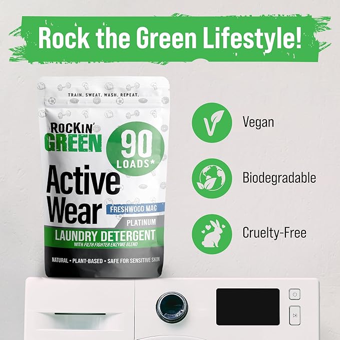 Rockin' Green Laundry Detergent, Plant based, All Natural Laundry Detergent Powder, Vegan and Biodegradable Odor Fighter, Safe for Sensitive Skin (Active Wear 90 Loads - Freshwood Mac)