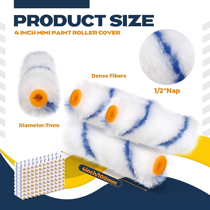 Nuogo 150 Pcs 4 Inch Mini Paint Roller Cover 1/2" Nap Small Microfiber Roller Covers Home Repair Tools House Household Supplies Kit(Blue)