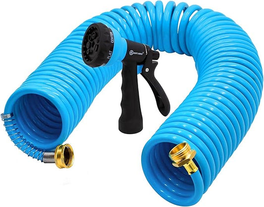 AUTOMAN Coil Garden Hose 50 ft, EVA Curly Water Hose with Brass Connectors, Recoil Garden Water Hose,Includes 7-Pattern Function Sprayer,Retractable,Corrosion Resistant Garden Coil Hose.