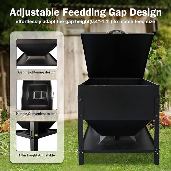 Metal Chicken Feeder No Waste, Large Capacity Poultry Feeder, Adjustable Galvanized Steel Chicken Coop Feeder with Lid and Handle