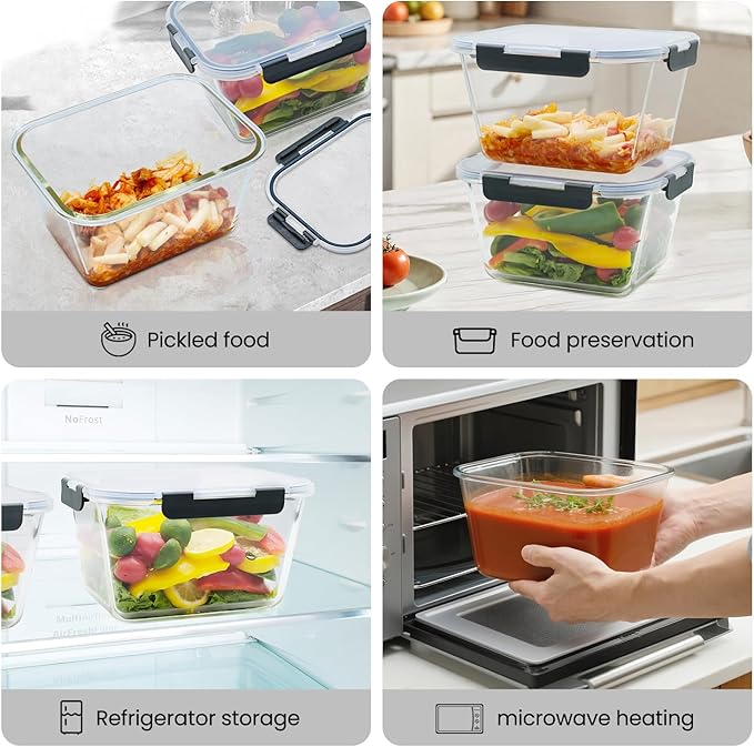 2 Pack Large Glass Food Storage Containers with Lids 85oz/10.5cup Big Airtight Glass Storage Containers for Rotisserie Chicken Meal Prep Leftovers, BPA Free & Leak Proof, Microwave, Oven Safe