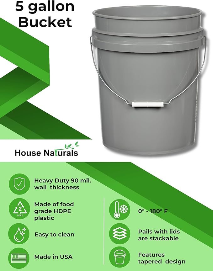 House Naturals 5 Gallon Food Grade BPA Free Made in USA Pails Gray Bucket with Screw On Air Tight Lid (2, Gray with Blue lids)