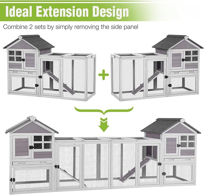 GUTINNEEN Large Rabbit Hutch Outdoor 2-Level Wooden Chicken Coop Indoor Weatherproof Bunny Cage Guinea Pig House with Waterproof Roof, Leak-Proof Pull Out Tray, Lockable Door for Small Animals (Grey)