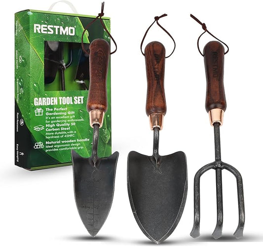 RESTMO Heavy Duty Gardening Tools Kit, 3 Pack Wooden Handle Garden Tools Set Include Trowel, Transplant Shovel, Weeder for Flowerbeds, Potted Plants, Vegetable Garden, Ideal Gardening Gifts for Women
