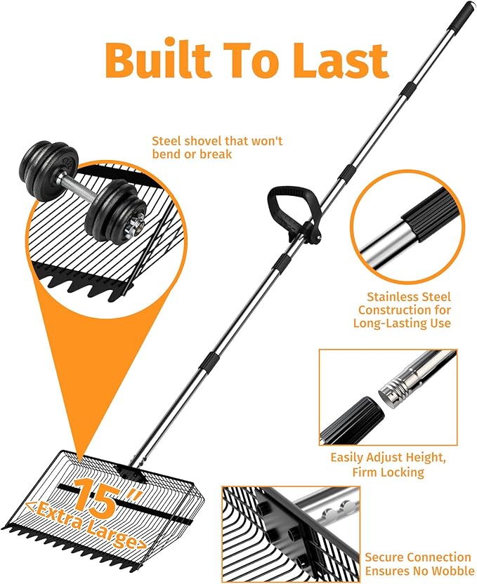 2-in-1 Chicken Poop Scooper & Rake, 15" Heavy-Duty Litter Sifter with 36–75" Stainless Steel Handle, Sand Sifting Shovel & Cleaning Tool for Chicken Coops and Runs, U.S. Patented