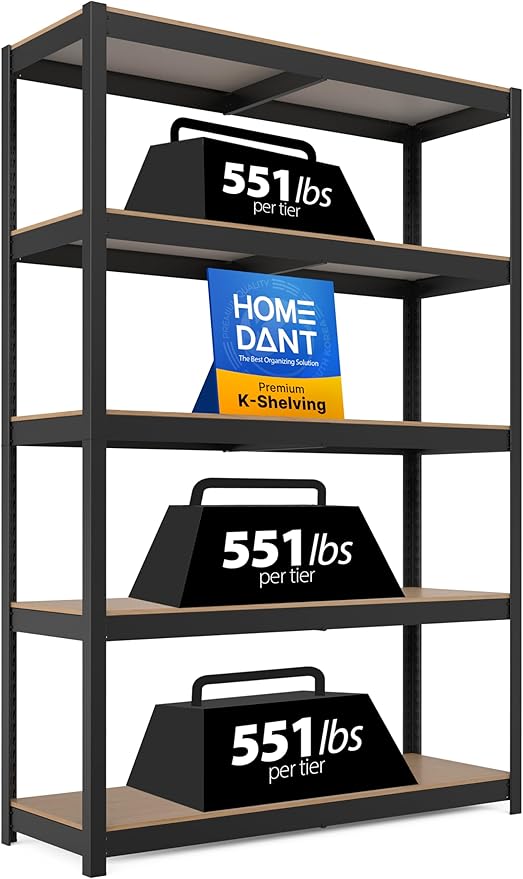 HOMEDANT House 5 Tier Laminated Metal Shelving Unit Adjustable Storage Utility Rack Heavy Duty Shelves Organization Multipurpose Shelf Kitchen Garage Pantry Closet (1, (L) 48.1" W, Black)
