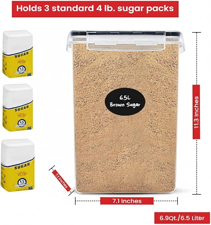 Extra Large Flour and Sugar Storage Containers 6.5L/220 Fl. oz; Set of 2 Plastic Bulk Airtight Food Storage Rice Containers With Lids - Kitchen Pantry Organizer and Storage Canisters, Marker & Labels