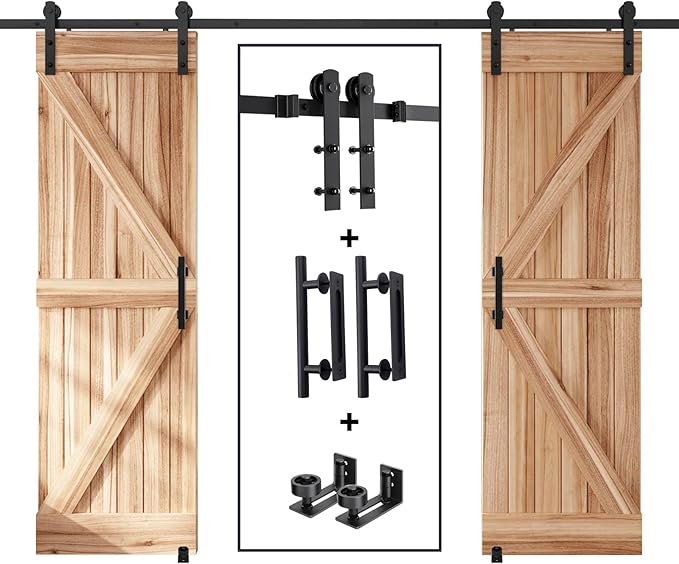EaseLife 10 FT Double Sliding Barn Door Track and Handle Hardware Kit,Straight Pulley,Slide Smoothly Quietly,Easy Install (10FT Track Kit for 27"~30" Wide Double Door)