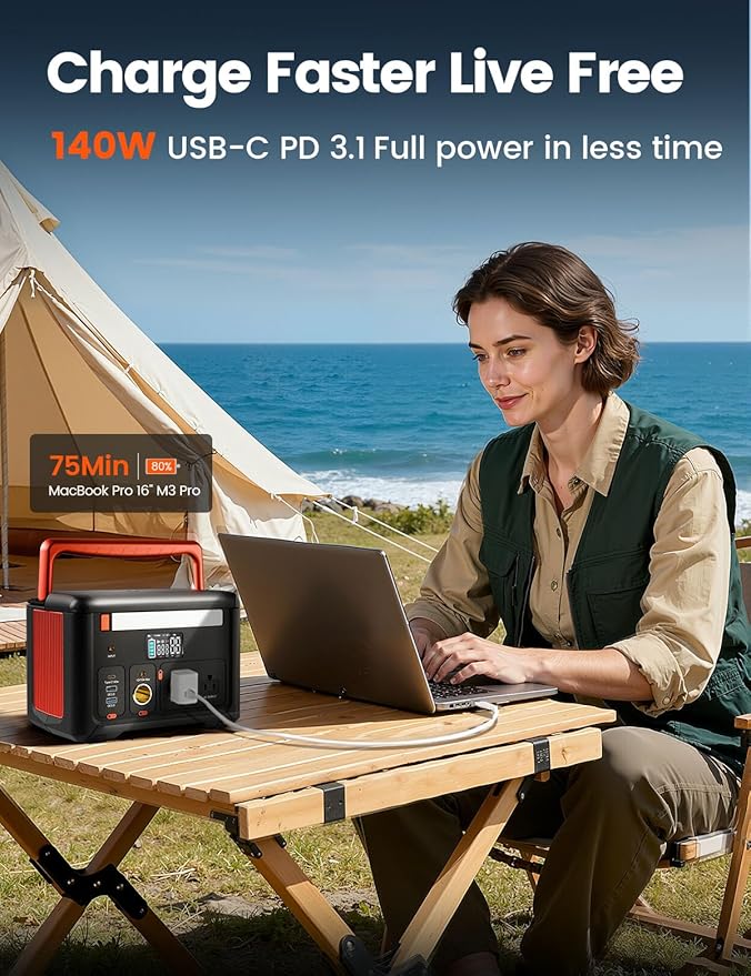 Portable Power Station 600W(1200W Surge), 299Wh Camping Power Station with 2 AC Outlet, 140W USB-C Fast Charging,7 Ports Mini Solar Generator for Camping Indoor Outdoor Emergency RV (CYBPULTE C601)