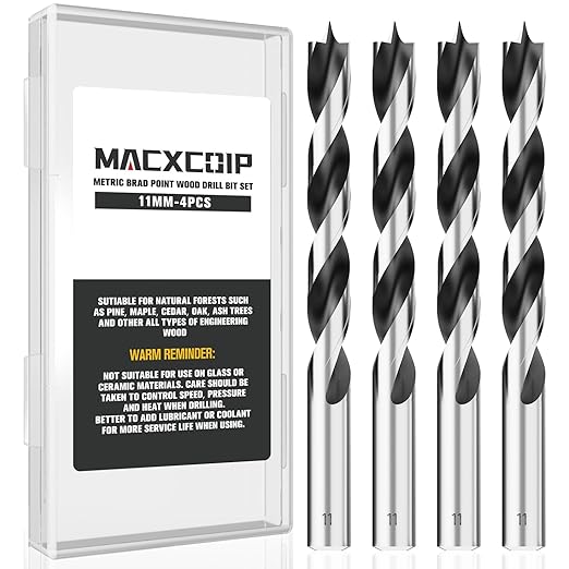 11MM Metric Brad Point Wood Drill Bit Set, 4Pcs Drill Bit Set with Double Flutes Design for Carpenter Woodworking and All Types of Wood
