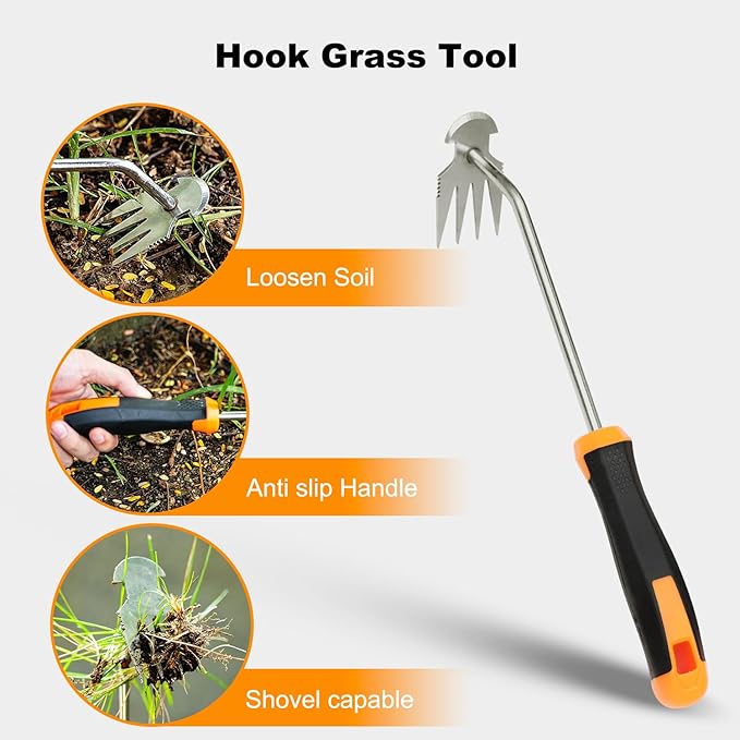 Weed Puller Tool Hand Weeder for Lawn Garden Cracks Stainless Steel Weed Remover with Ergonomic Beechwood Handle Manual Weeder