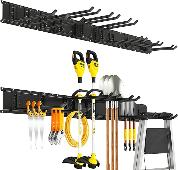Garage Tool Organizer Wall Mount, 48inch Heavy-Duty Garage Storage System and Garden Tool Organizer with 9 Adjustable Hooks for Shovel, Snowboard, Yard Tools and Shed
