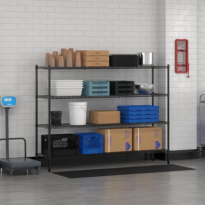 Commercial NSF Listed Black Epoxy Stationary Wire Shelving Kit 18" x 72" x 54", with 4 Shelves Perfect for Warehouse, Walk-in Refrigerator, Freezer, Grocery Store, Restaurant, Dishroom