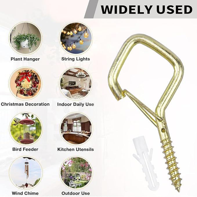 35PCS Eye Screw Hooks for Hanging Heavy Duty with Safety Buckle.Metal Ceiling Hooks for Hanging Plants,Cup,Wind Chime,Bird Feeders,String Lights at Indoor&Outdoor,2.36 Inches Gold