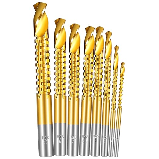 8 Pack Titanium Coated HSS Twist Drill Bits 3-10mm Hex Shank Serrated Cutting Drill Bit Serrated Side Cutting Drills Bit for Metal Wood Plastic Drilling and Cuttings