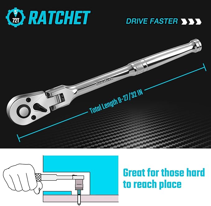 DURATECH 3/8" Drive Flex-Head Ratchet, 72-Tooth Ratchet Wrench, Quick-release, Reversible Switch, Full-Polished Chrome Plating, Alloy Steel